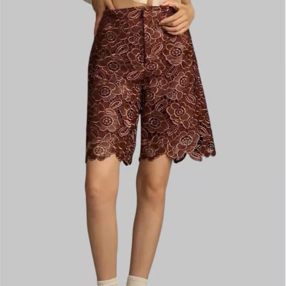 By Anthropologie Floral Faux Leather Shorts, cocoa plum size 4